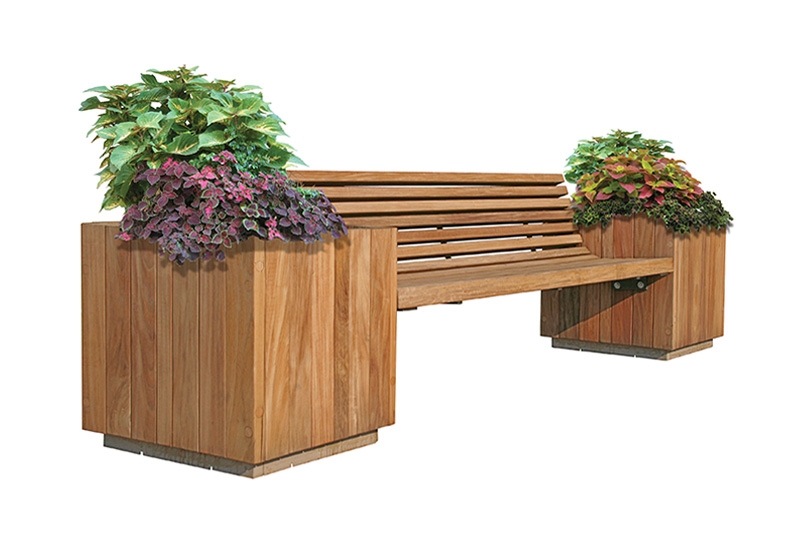 Planter Bench Recessed Base Slatted Backrest Warm Wood Modern Urban