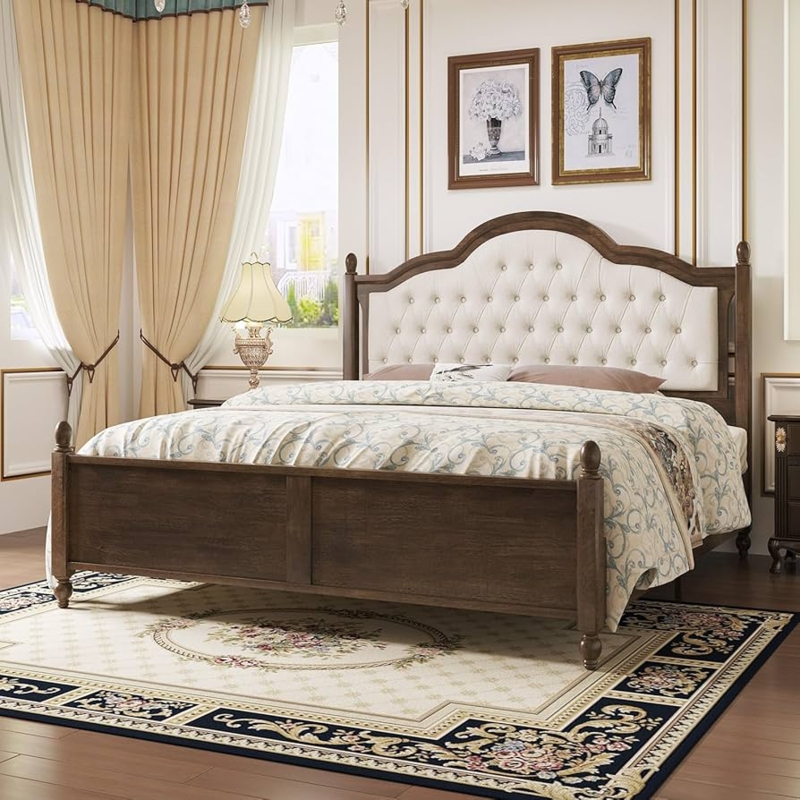 Platform Bed Arched Frame Wood and Linen Like Upholstery