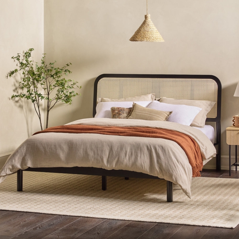 Platform Bed Black Cane Contrast Curved Rattan Boho Chic Bedroom
