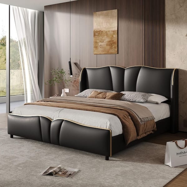 Platform Bed Black Wingback Wavy Scalloped Edge Gold Trim