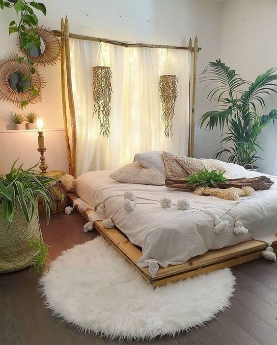 Platform Bed Branch Headboard Frame Fairy Light Canopy Boho Tropical
