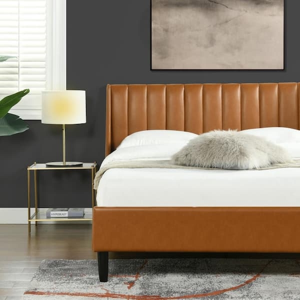 Platform Bed Caramel Tan Vertical Channeling Tapered Legs