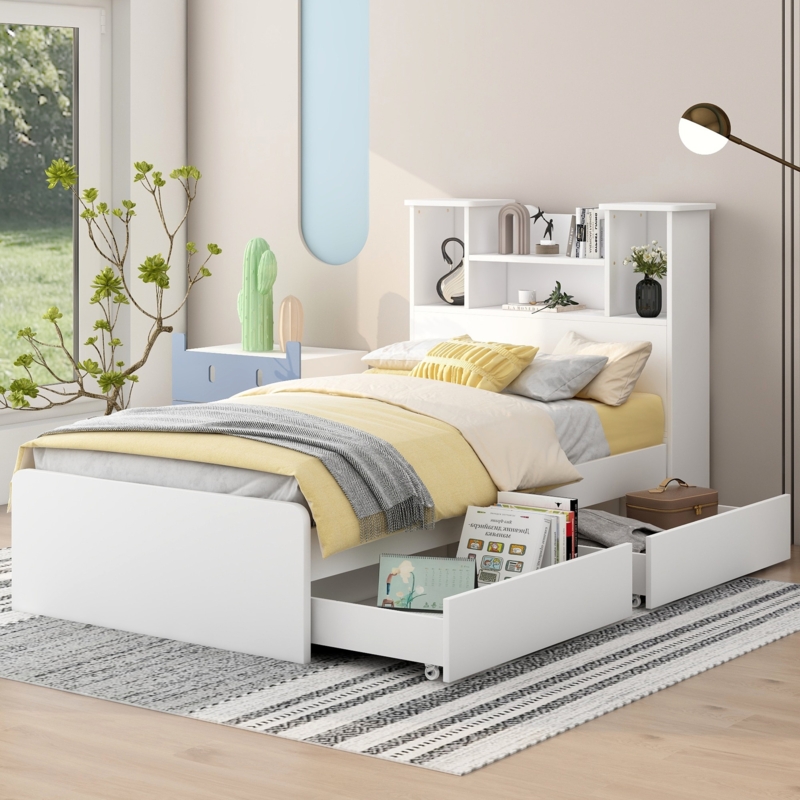Platform Bed, Crisp White, Integrated LED, Caster Wheels Drawers
