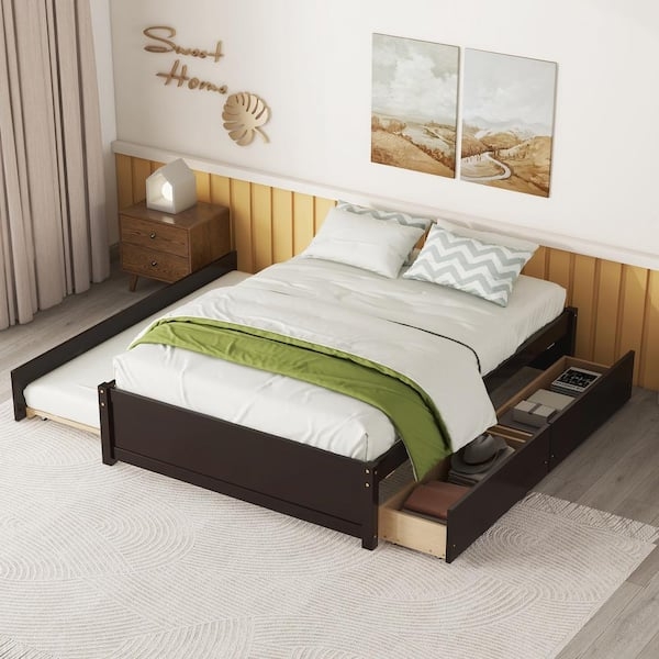 Platform Bed: Espresso Finish with Integrated Trundle and Storage