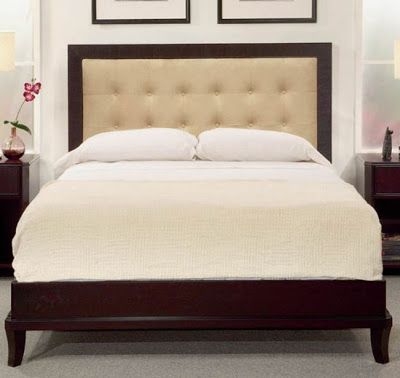 Platform Bed Espresso Wood Frame Champagne Beige Panel