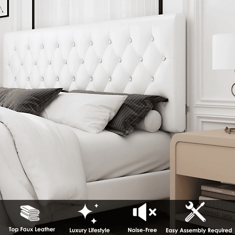Platform Bed, Faux Leather, Diamond Tufted Adjustable Headboard