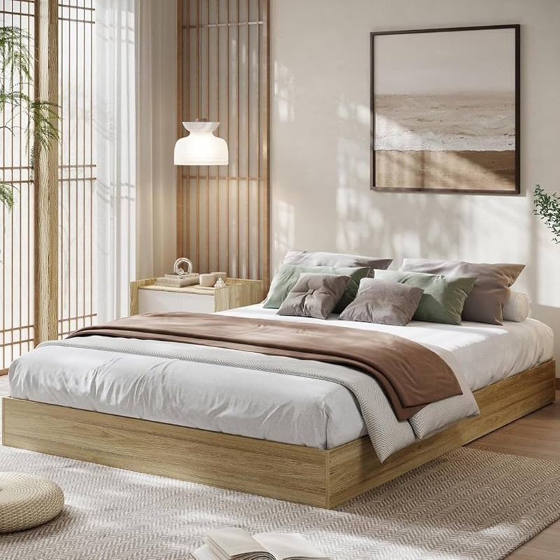 Platform Bed: Floor Standing Japandi Style Thick Wood Frame