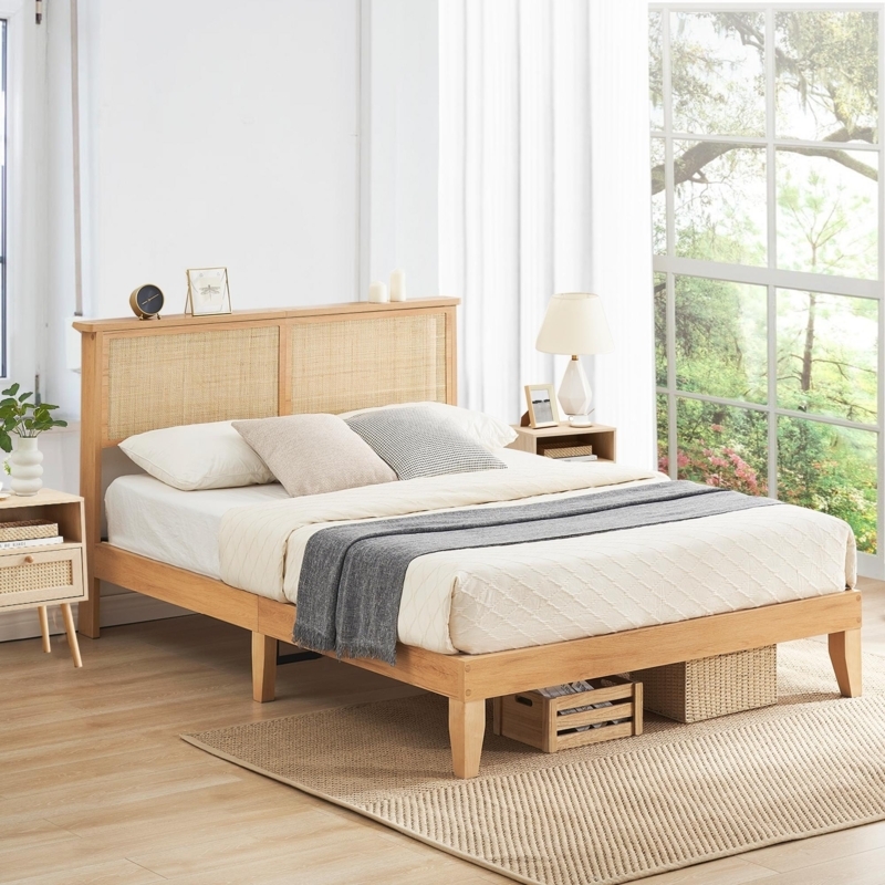 Platform Bed Headboard Shelf Tapered Legs Light Oak Mid Century Wood Frame
