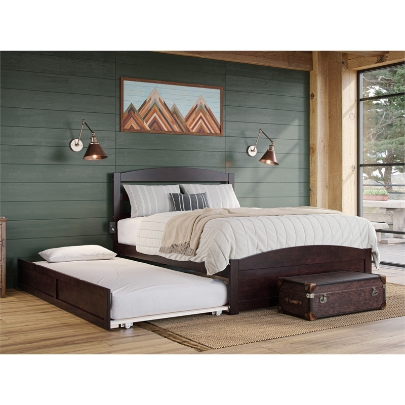 Platform Bed in Espresso Finish with Curved Headboard and Trundle