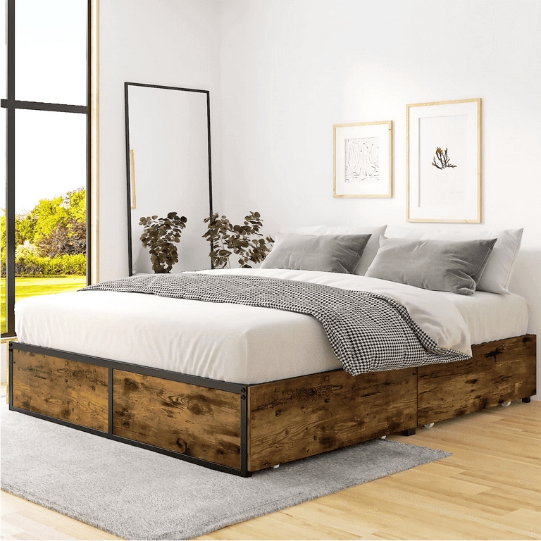 Platform Bed: Industrial Metal Frame with Distressed Wood Drawers