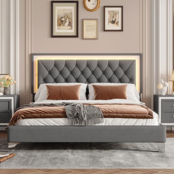 Platform Bed Integrated LED Charcoal Gray Velvet Like Fabric
