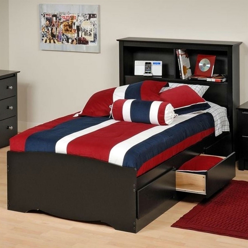 Platform Bed, Matte Black Finish, Twin XL Size, Three Drawers, Bookcase