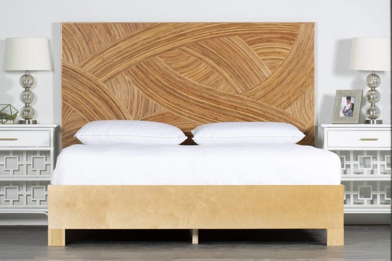 Platform Bed Natural Wood Swirl Pattern Rattan Cane Organic Modern Bed