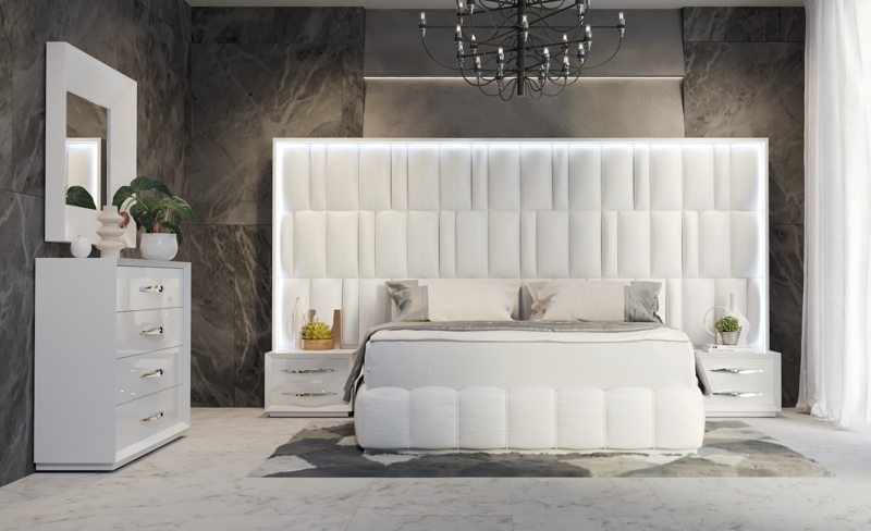 Platform Bed, Oversized Backlit Padded Vertical Channel Headboard