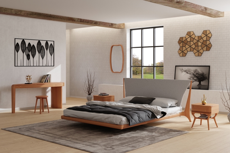 Platform Bed Sculptural Wooden Base Upholstered Headboard
