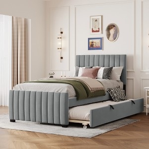 Platform Bed Trundle in Gray Velvet with Vertical Channel Tufting