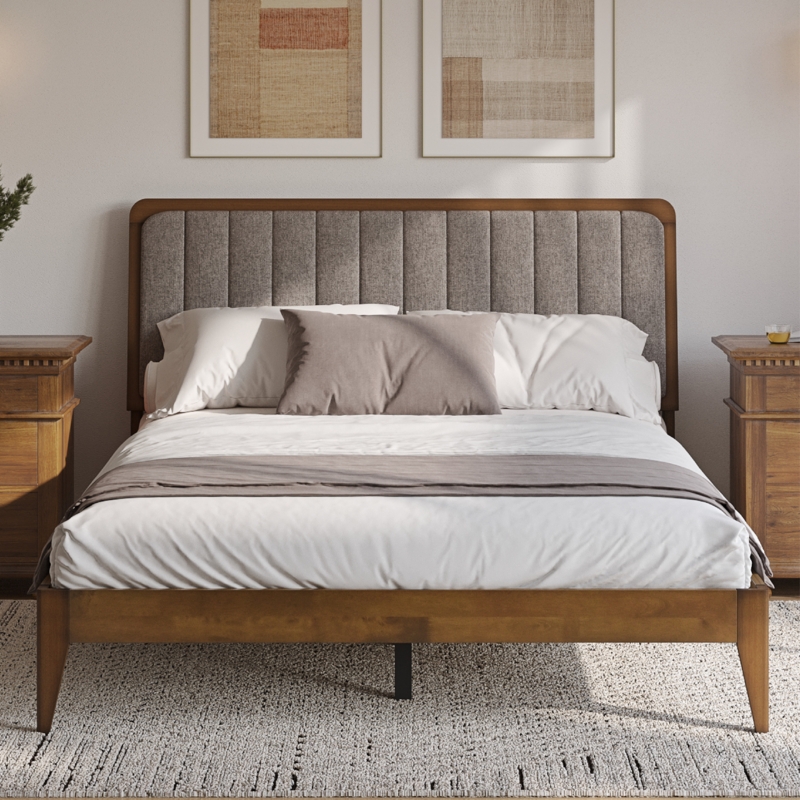Platform Bed Vertical Channel Tufting Walnut Tapered Legs