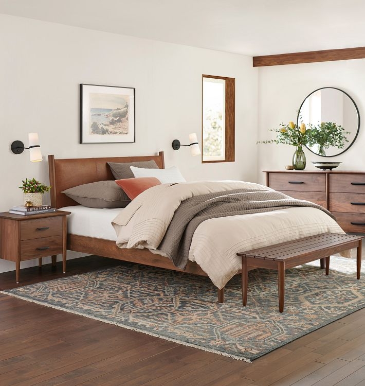 Platform Bed Walnut Frame Saddle Leather Headboard Tapered Legs