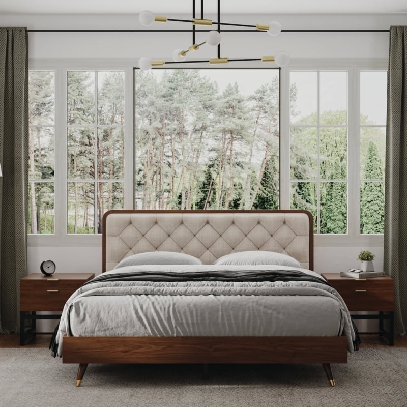Platform Bed Walnut Toned Diamond Tufting Gold Accents