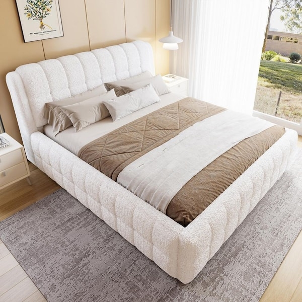 Platform Bed White Berber Fleece Block Tufted Rails