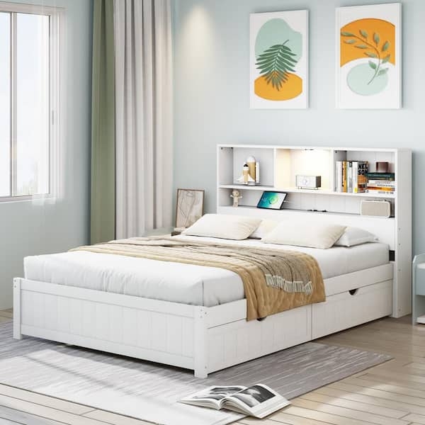 Platform Bed, White Painted, Integrated Lighting, Paneled Details
