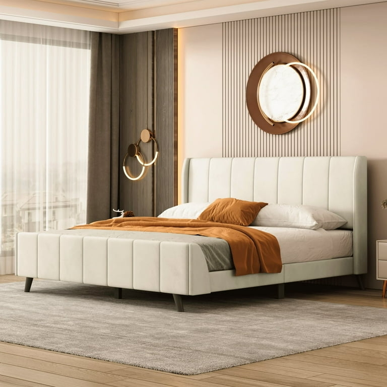 Platform Bed Winged Headboard Channel Tufted Beige Velvet