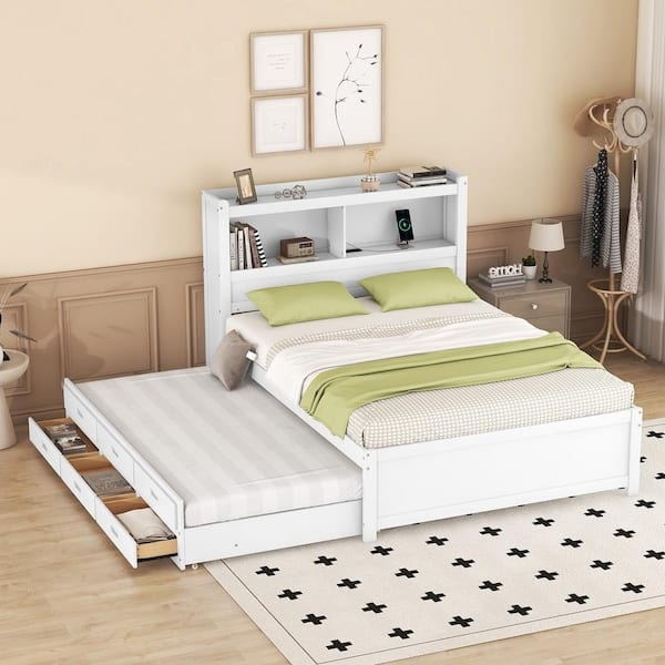 Platform Bed with 3-Drawer Trundle and USB Charging Station