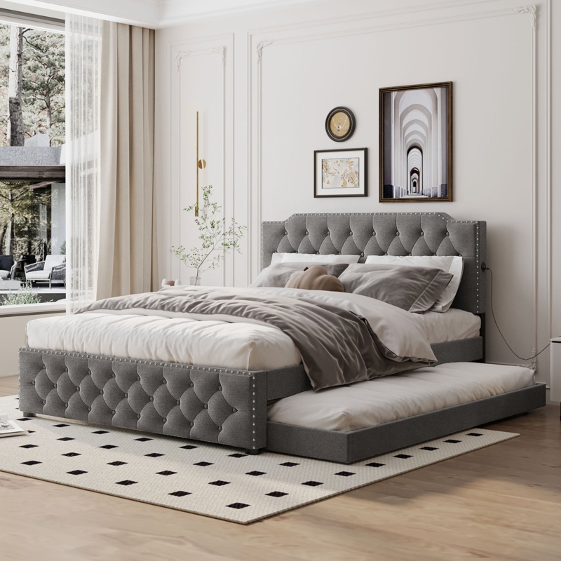 Platform Bed with Diamond Tufting and Nailhead Trim