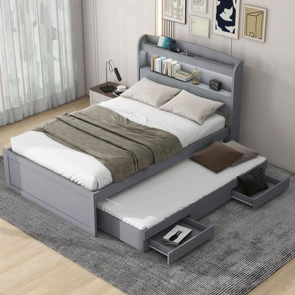 Platform Bed with LED Headboard Shelving and USB Charging Port