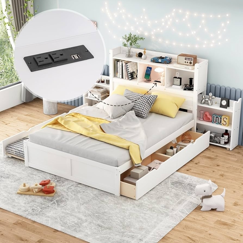 Platform Bed with Mobile Shelving, Storage Headboard with Charging