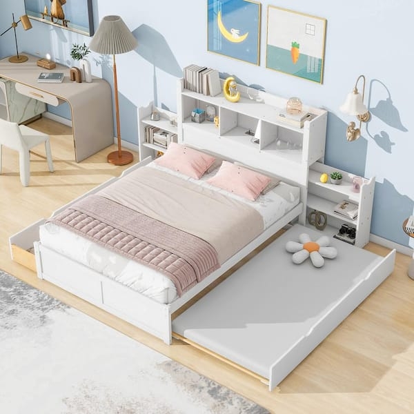 Platform Bed with Pull-Out Shelves and Storage Headboard, Full Bed