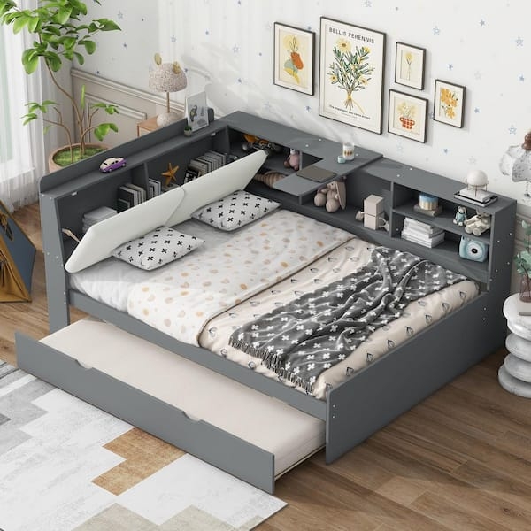 Platform Bed with Swivel Desk Board and Wrap Around Shelving
