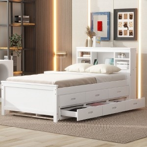 Platform Bed with Three Drawers, Headboard with Built-in Shelves