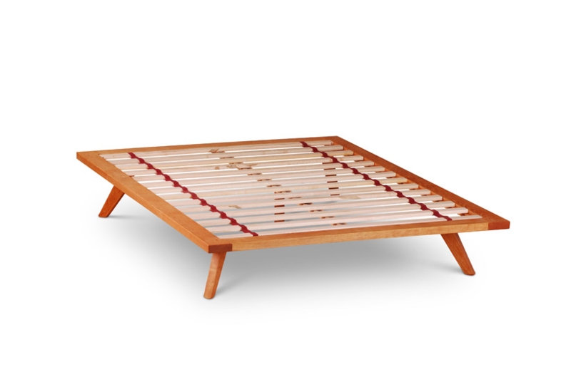 Platform Bed with Unique Red Fabric Straps and Tapered Legs