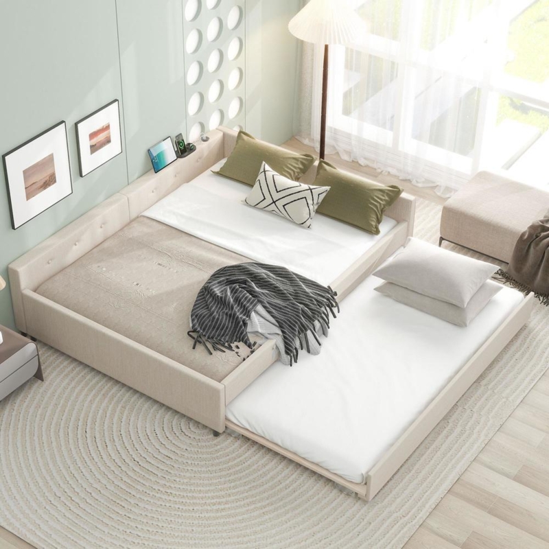 Platform Bed with USB Charging and Tufted Headboard in Beige