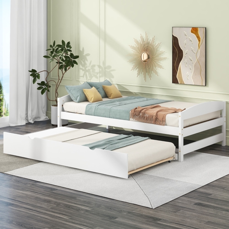 Platform Trundle Bed in Matte White with Low Profile Headboard