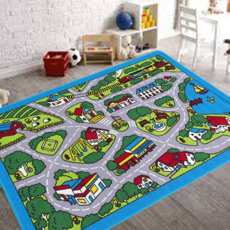 Play Mat City Road Play Rug Vibrant Blue Border Community Landmarks