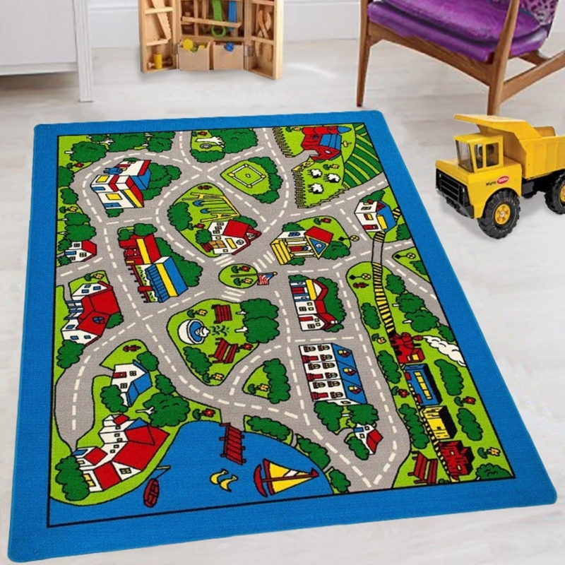 Play Mat Rug Sky Blue Border Interactive City Layout Low Pile
