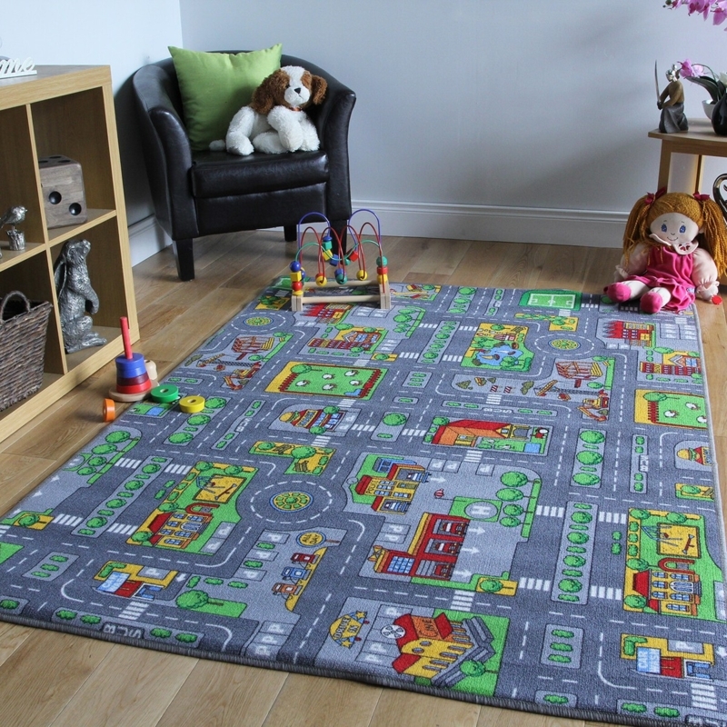 Play Rug Heather Gray Educational Village Street Carpet Low Pile