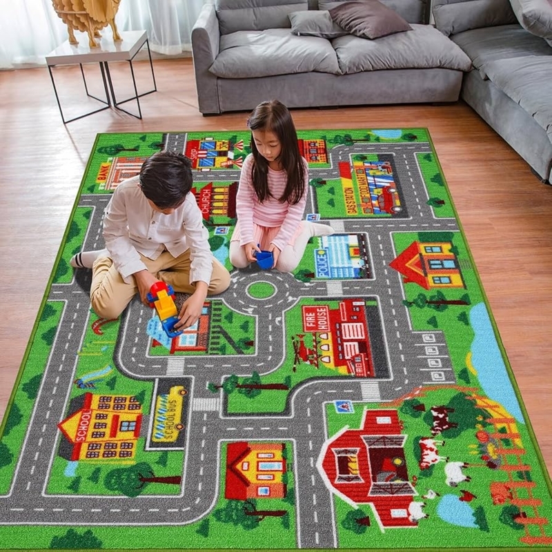Play Rug Illustrated Town Road Map Kids Playroom Carpet Low Pile