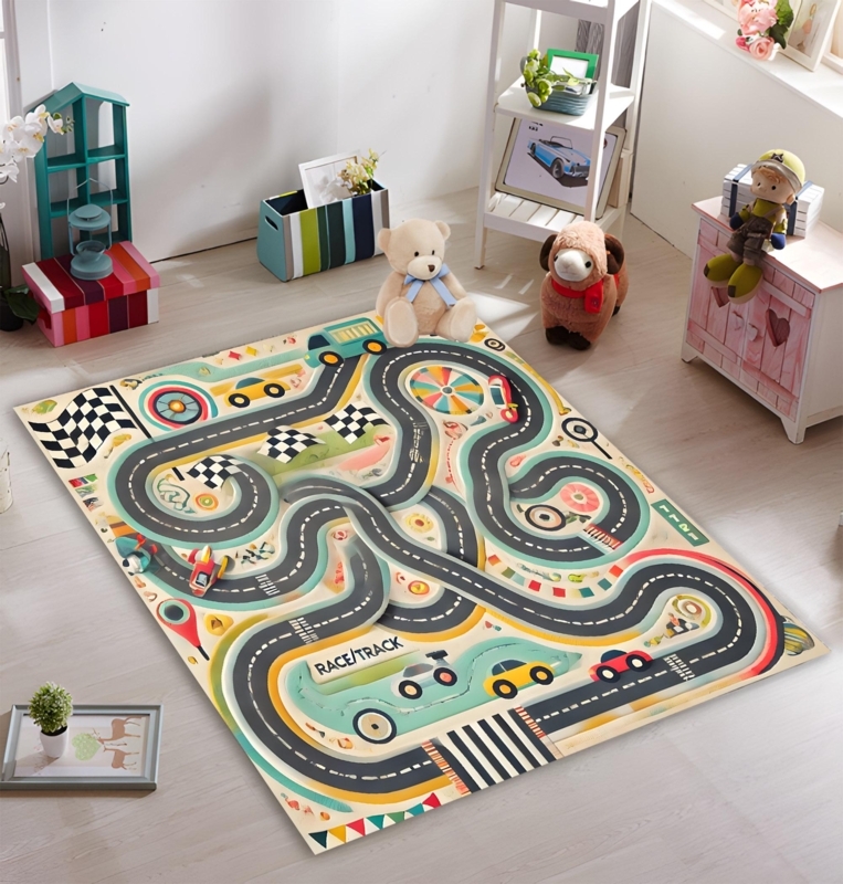 Play Rug Racetrack Pattern Mint Green Accents Checkered Flag Detail