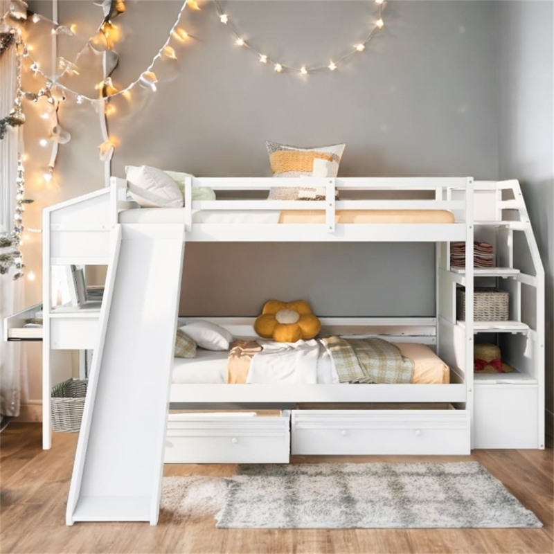 Playful Bunk Bed with Integrated Slide, Desk, and Storage Stairs