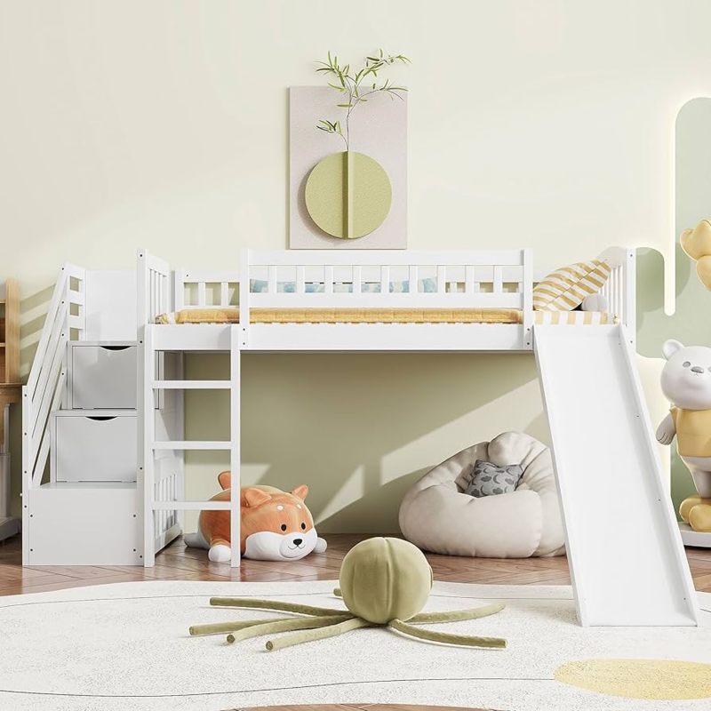 Playful Low Loft Bed featuring both Storage Staircase and Slide