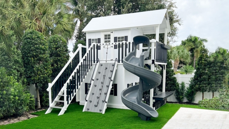 Playhouse Farmhouse Style with High Contrast Palette & Spiral Slide