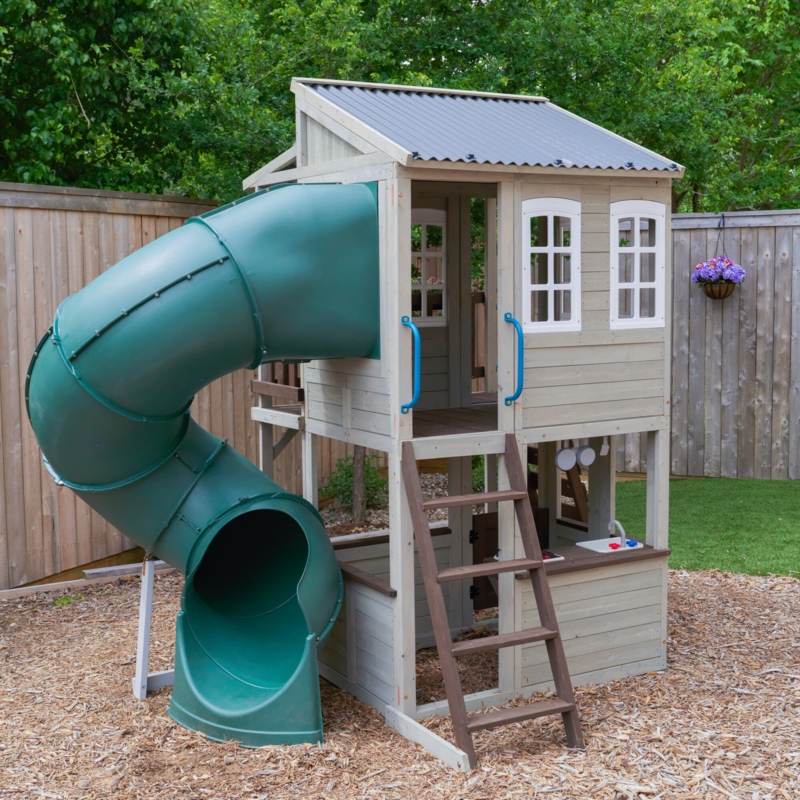 Playhouse Farmhouse Style with Whitewashed Finish & Spiral Tube Slide