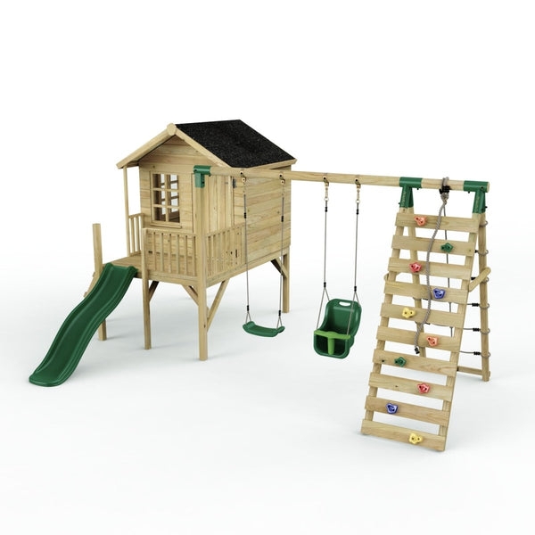 Playhouse Set Elevated Cabin with Dual Swing Types, Slide & Rope Climb