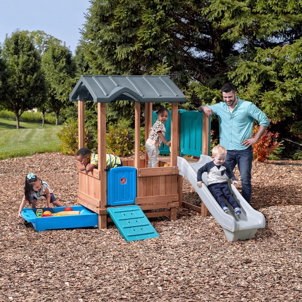 Playhouse Slide Mixed Material Aesthetic with Pull-Out Tray & Teal Accents