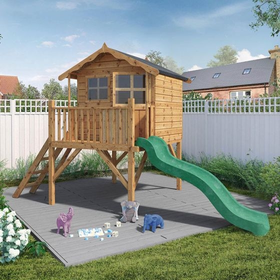 Playhouse Tower Elevated Platform with Wavy Slide & Porch Railing