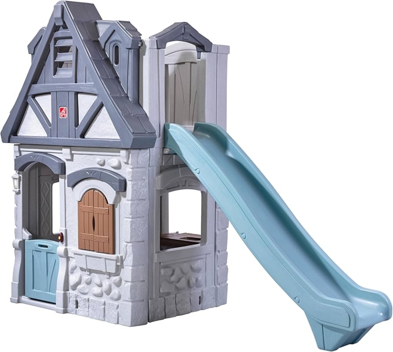 Playhouse Tudor-Inspired with Stone Texture Base, Two-Story & Slide