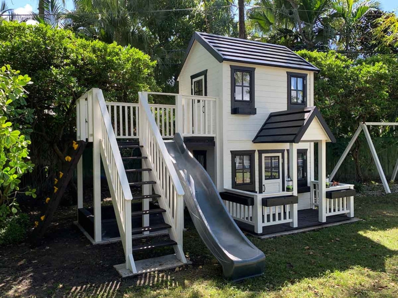 Playhouse Two-Story Design with High Contrast Trim, Slide & Planter Boxes